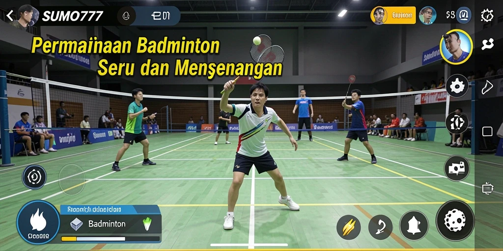 Antarmuka menarik SUMO777 dengan fitur kustomisasi karakter badminton.